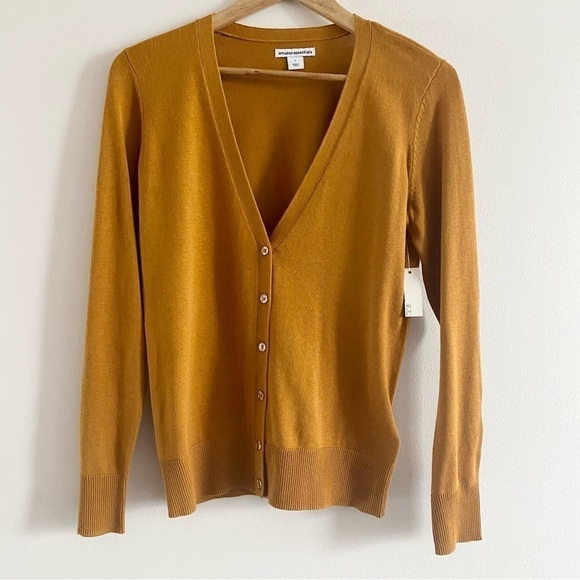 Nwt AMAZON Essentials Knit Cardigan Yellow V Neck Basic Button Up Sweater - Picture 5 of 14
